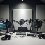 espace-de-travail-radio-studio-moderne-installation-professionnelle-avec-plusieurs-microphones-interfaces-audio-un-ordinateur-400179619