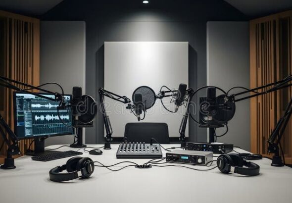 espace-de-travail-radio-studio-moderne-installation-professionnelle-avec-plusieurs-microphones-interfaces-audio-un-ordinateur-400179619