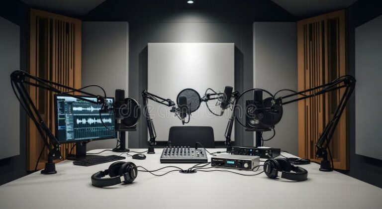 espace-de-travail-radio-studio-moderne-installation-professionnelle-avec-plusieurs-microphones-interfaces-audio-un-ordinateur-400179619